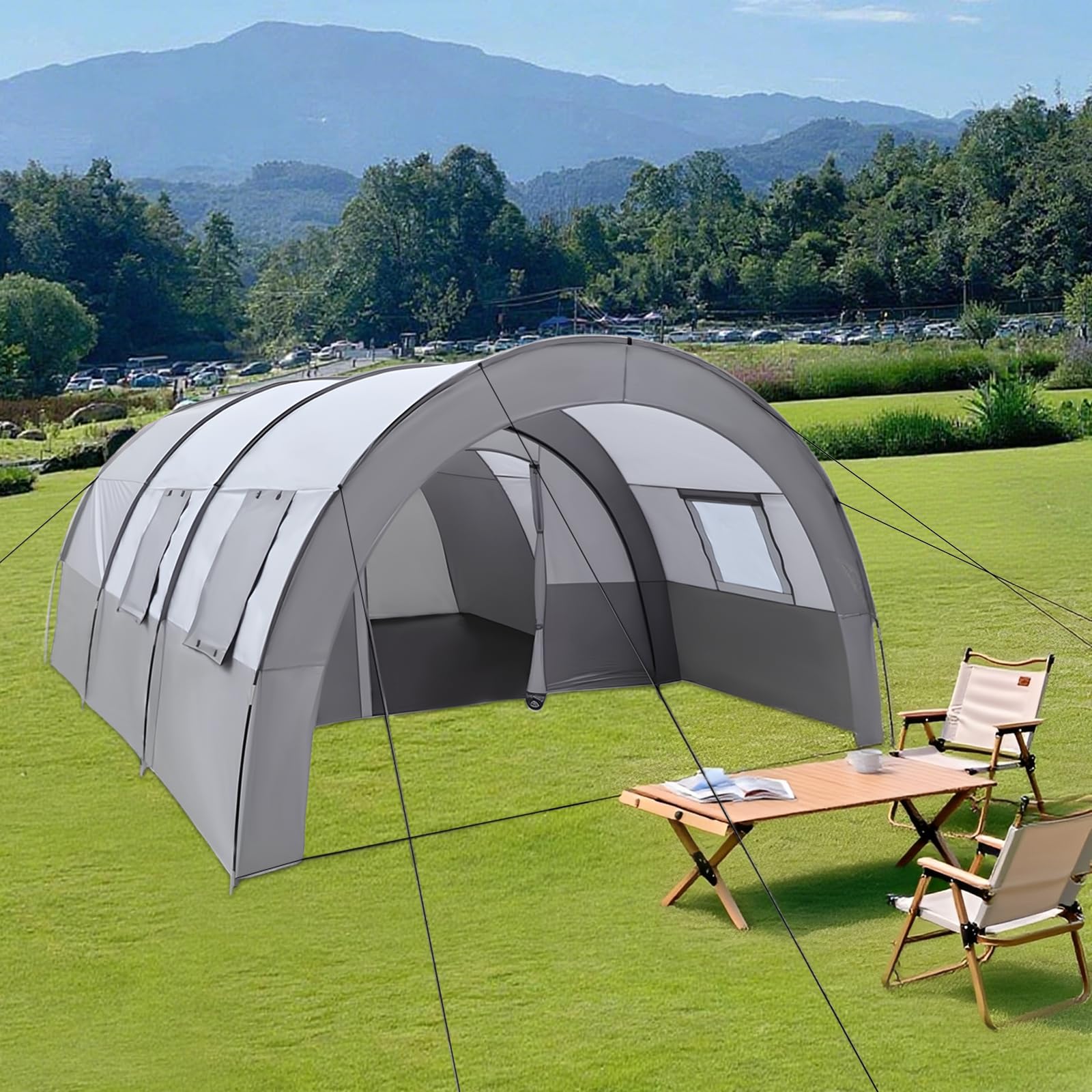 Tente tunnel spacieuse pour 6 personnes avec auvent, tapis de sol, moustiquaire et sac de transport, tente familiale étanche pour camping, festivals et voyages, 350 x 480 x 206 cm