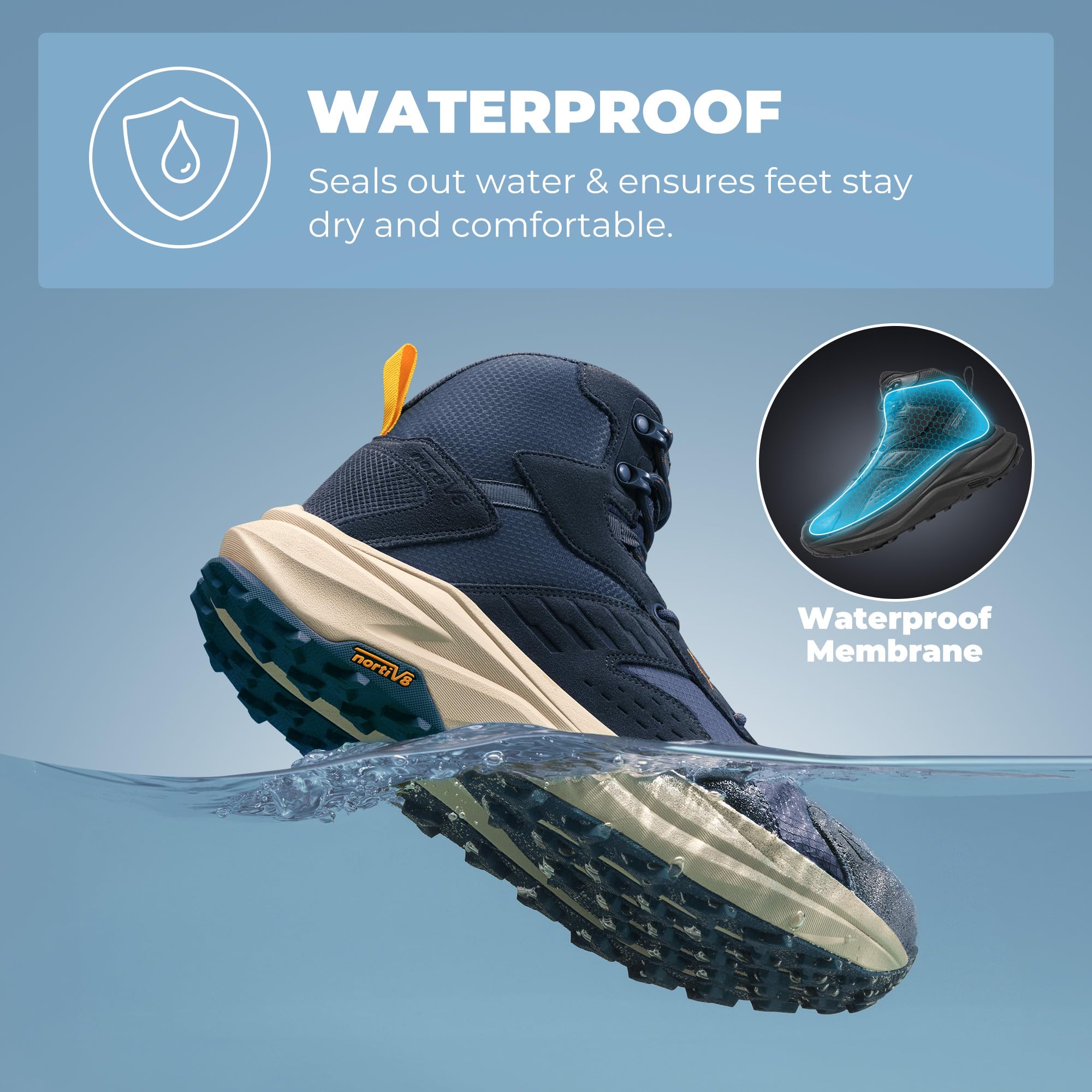 NORTIV 8 Męskie wodoodporne buty górskie z szerokim noskiem, buty trekkingowe z antypoślizgową gumową wkładką, na wędrówki, kemping, granatowy, 10.5