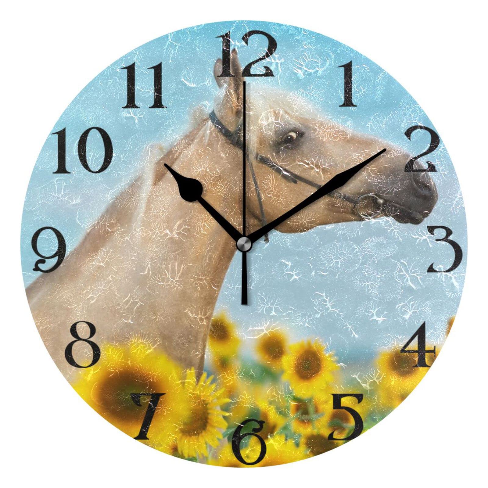 Mnsruu Large Wall Clocks, Palomino Horse Sunflowers Sunset Non Ticking 25cm Clock Silent Clocks Atomic Analog Clocks Living Room Kitchen Bedroom Office Home Decor Easy to Read