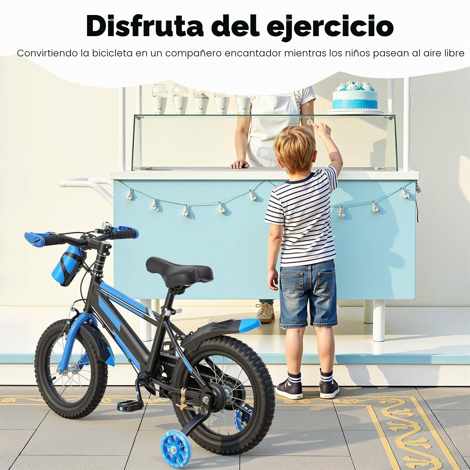 Bicicleta infantil de 14 pulgadas para niños de 3 a 7 años, bicicleta infantil ajustable con ruedines y botella, capacidad de carga 60 kg