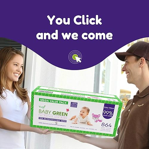Miniatura 7 de Yugi - Toallitas verdes para bebés con aceites esenciales para pieles sensibles biodegradables y orgánicas 864 unidades 12 paquetes de 72