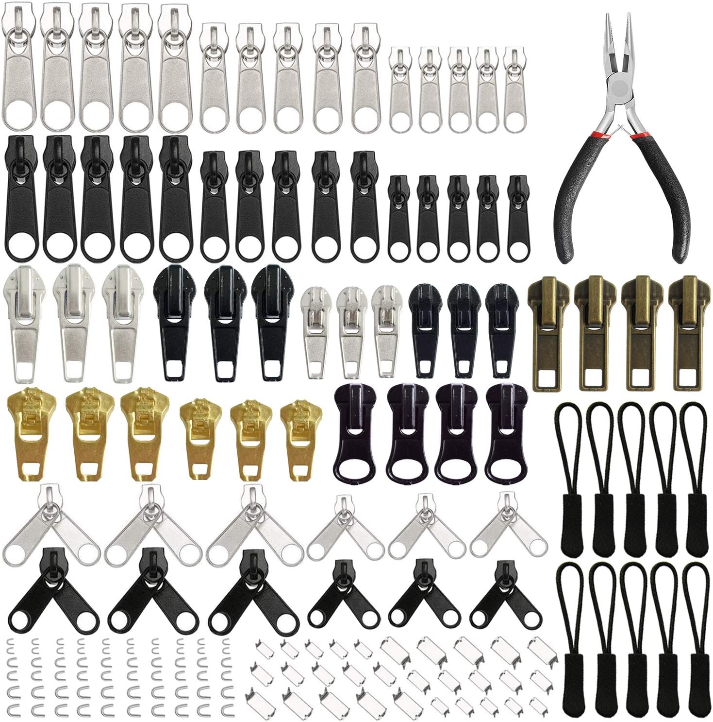 EuTengHao 169Pcs Zipper Repair Kit Zipper Replacement Zipper Pull Rescue Kit with Zipper Install Pliers Tool and Zipper Extension Pulls for Clothing Jackets Purses Luggage Backpacks (Silver and Black)