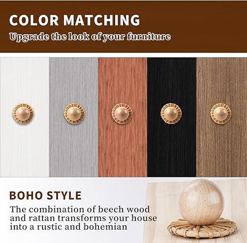 Miniatura 4 de Paquete de 6 pomos de mimbre de ratán bohemios  Tiradores de mimbre de madera de haya hechos a mano para armarios y muebles  Asas redondas de madera