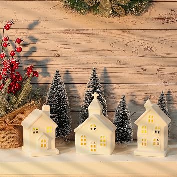 7PCS Christmas Village Sets - 3 LED Lighted Ceramic White Houses with 4 Decorative Christmas Trees Remote Control Led Candles for Xmas Home Tabletop Mantel Shelf Decor