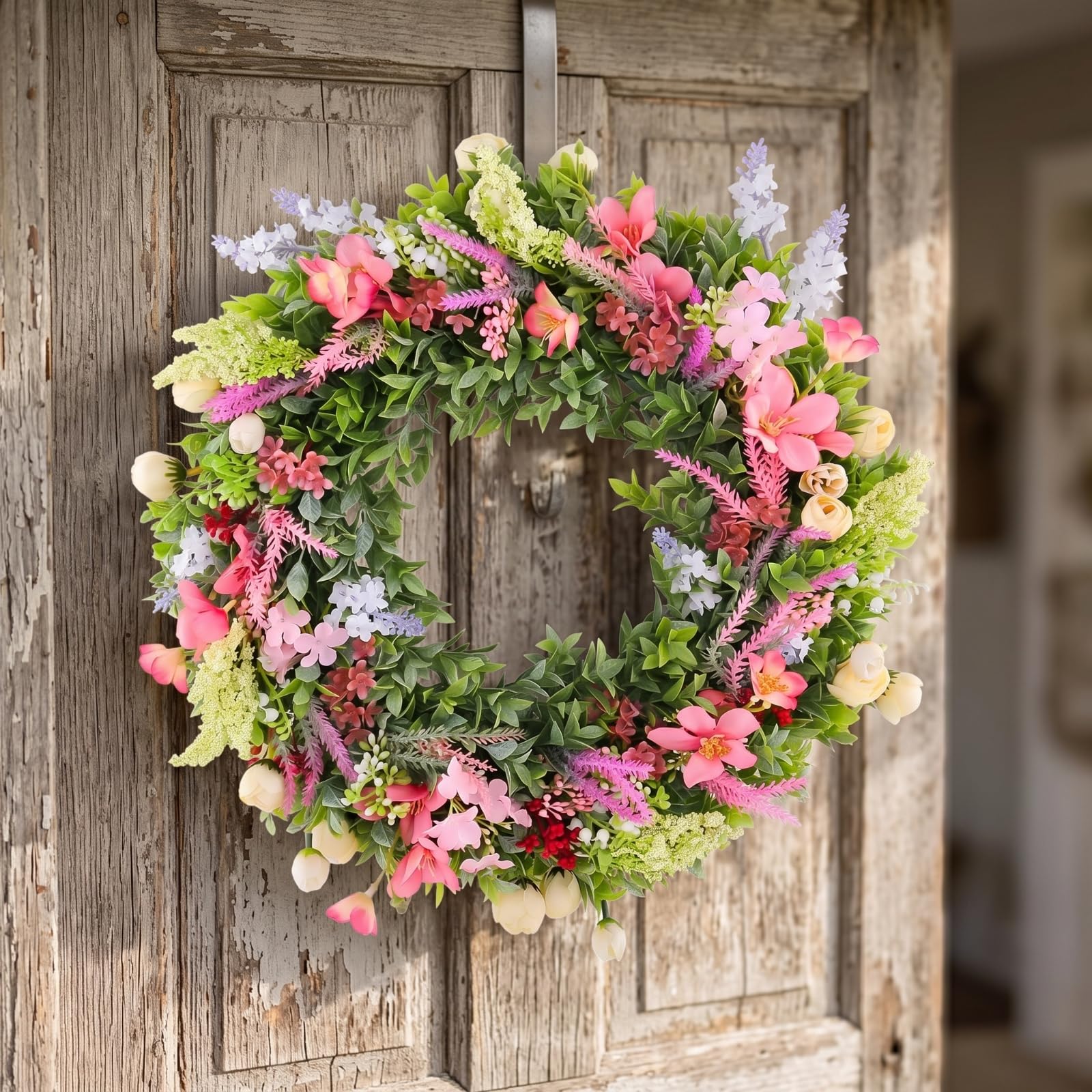 Natürlich künstlicher Kranz | Künstlicher Blumenkranz, bunt, Dekokranz mit Kunstblumen, für Eingangsbereich