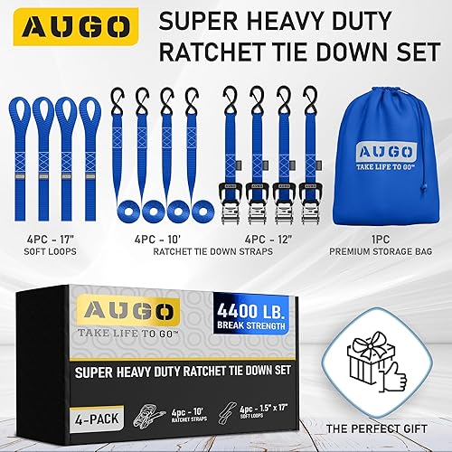 Miniatura 4 de AUGO - 4 correas de trinquete resistentes y bucles suaves, de 1.5 pulgadas por 10 pies con cierres de seguridad de gancho en S y 4 amarres de bucle