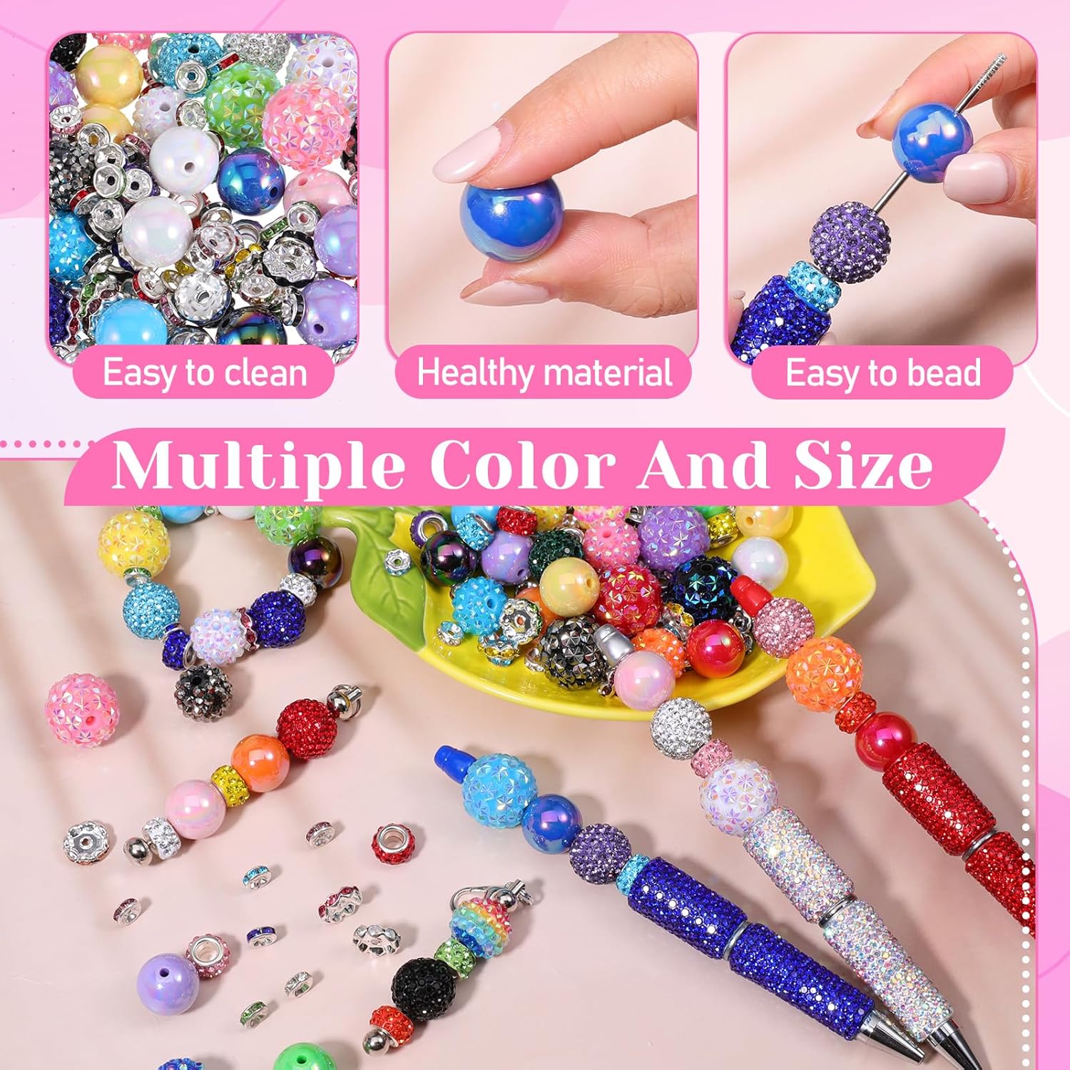 190 Pcs Beads-for Pens Making with Rondelle Spacer-Bead Rhinestone Bubblegum-Beads Mixed Crystal Resin Chunky Bead Sugar-Beades for Beadable Pens Supplies Keychains DIY Craft - Image 6