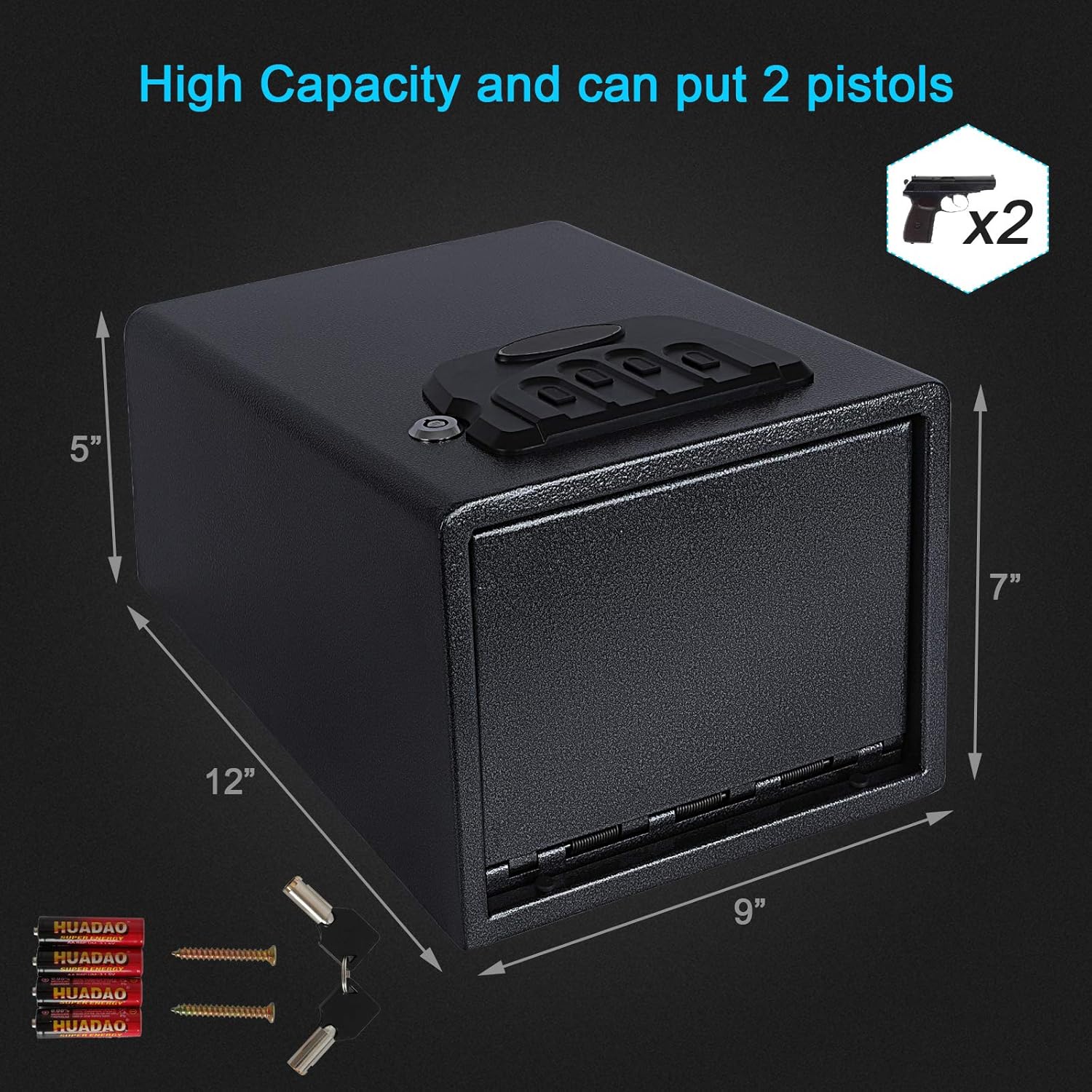 Image displaying the dimensions of the Dalmbox Gun Safe: 9 inches wide, 12 inches deep, and 7 inches high.