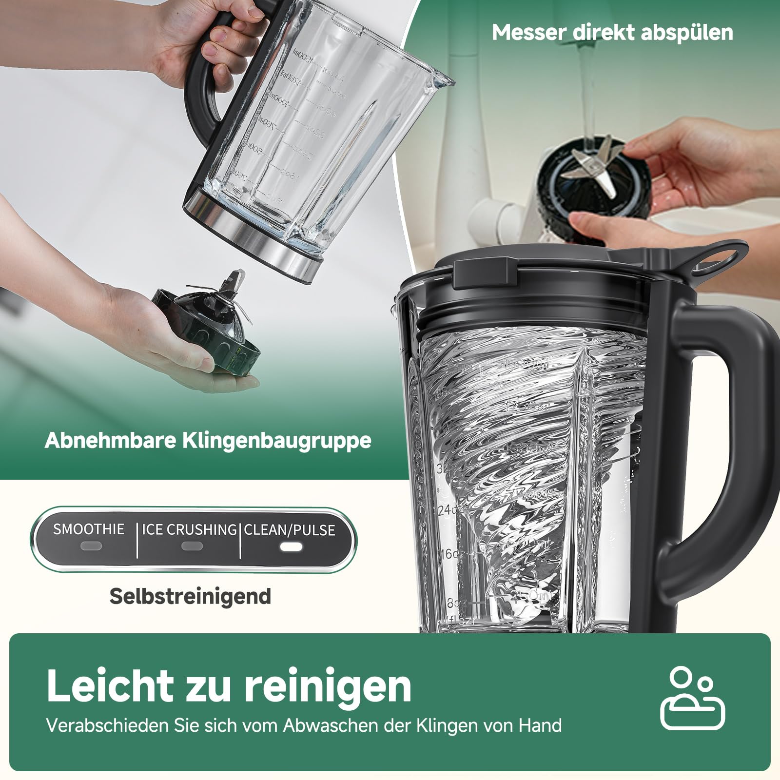 AMZCHEF Blender 1200W, Mixeur avec Bol en Verre 1,5L Résistant à la Chaleur, 5 Vitesses + Programmes Smoothie/Glace Pilée/Auto-Nettoyage, 6 Lames Inox, Pièces Lavables Lave-Vaisselle, Sécurité