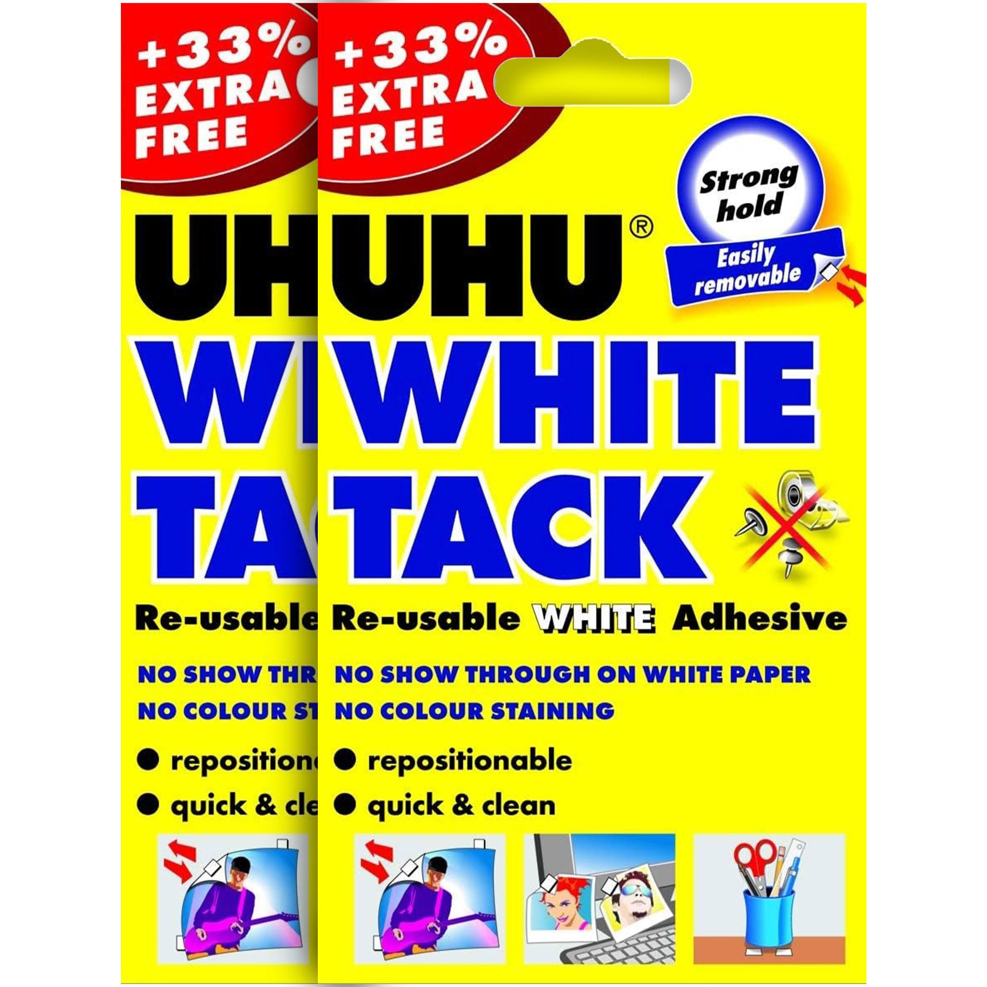 2 x UHU White Tack Reusable Adhesive Putty Strong Hold Easily Removable No Show Through on White Paper Repositionable Sticky Tack for Photo Mounting Art Crafts Decorations School Office Home