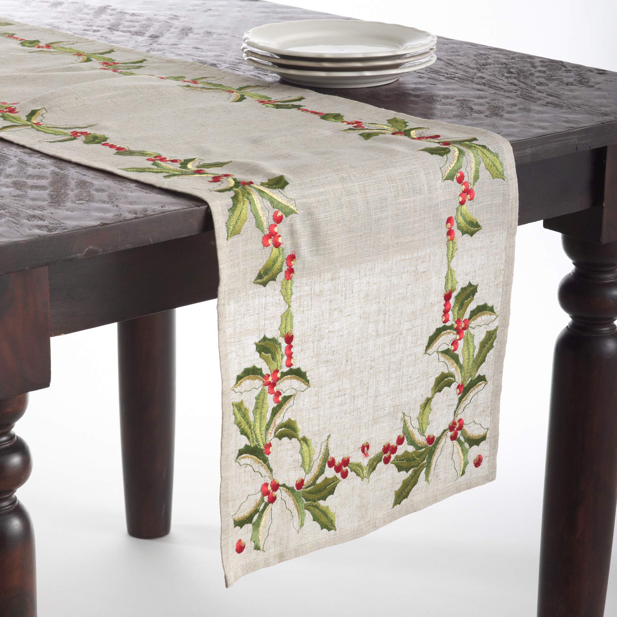 SARO LIFESTYLE QX653.N1654B Holiday Collection Embroidered Holly Design Table Runner, 75% polyester-25% Linen, Natural