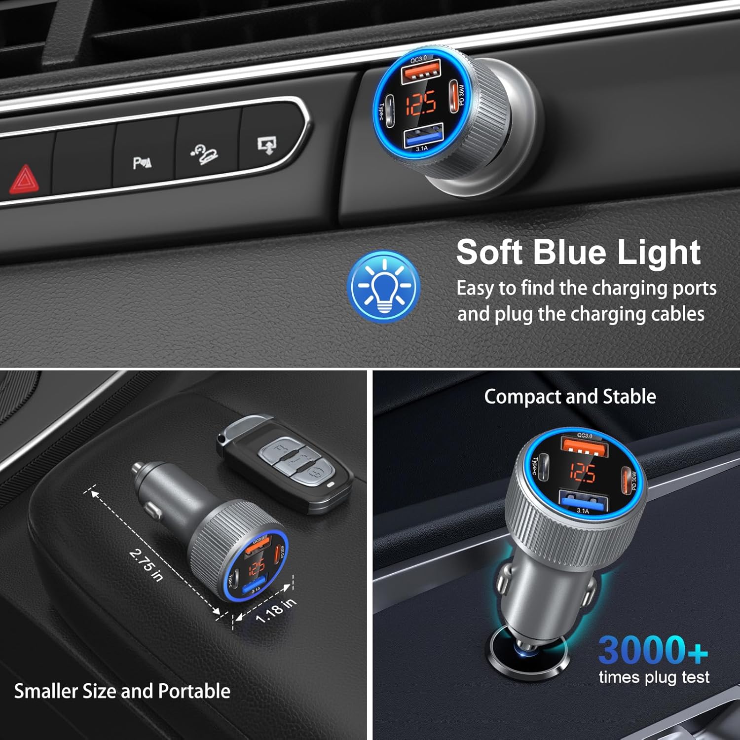 USB C Car Charger 5 Pack, 65W Dual 12V USB C & USB A Car Charger with Voltage Display Multi Port PD/QC 3.0 Fast Charge Cigarette Lighter Adapter for iPhone 17/16/15/14/13 Pro,Galaxy S25,Android(Grey)