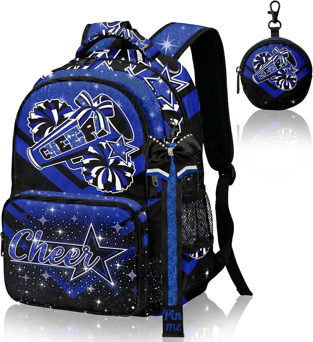 Cheer Backpack for Cheerleader Women, Royalblue and Black Cheerleading Backpack with Coin Purse, Travel Gym Bag Gift for Cheer Team