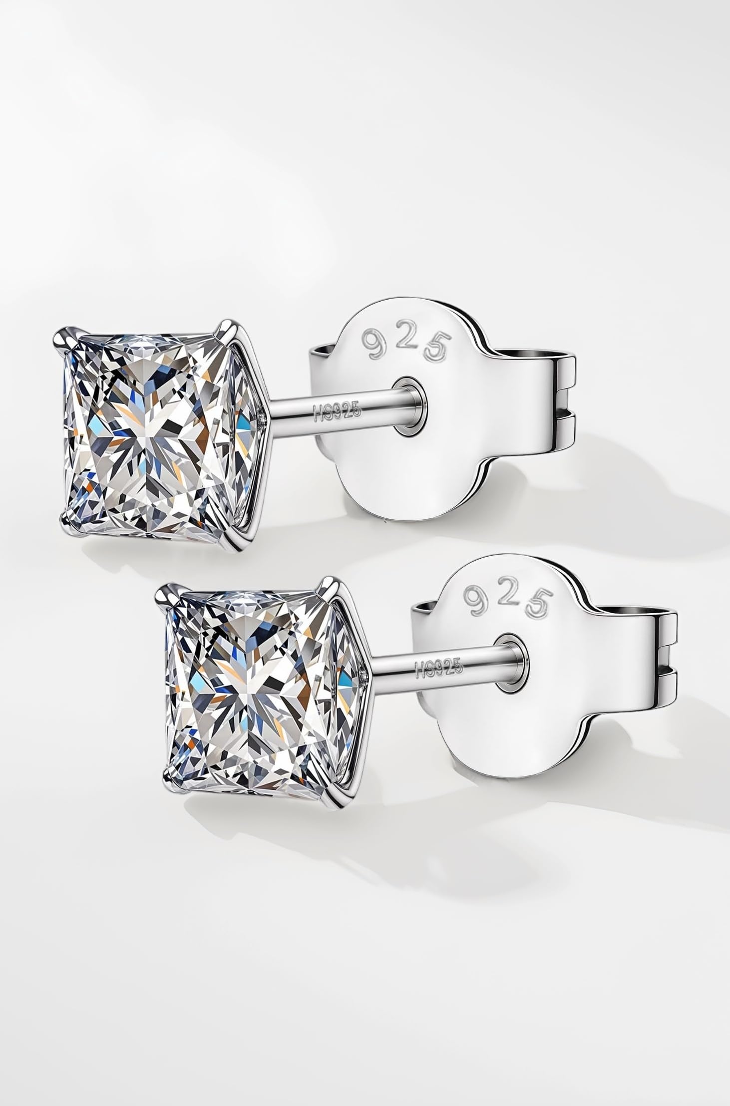 - 925 Silver Square Solitaire Stud Earrings | 92.5 Sterling Silver & Square Brilliant Cubic Zirconia Tops for Men Women Boys & Girls