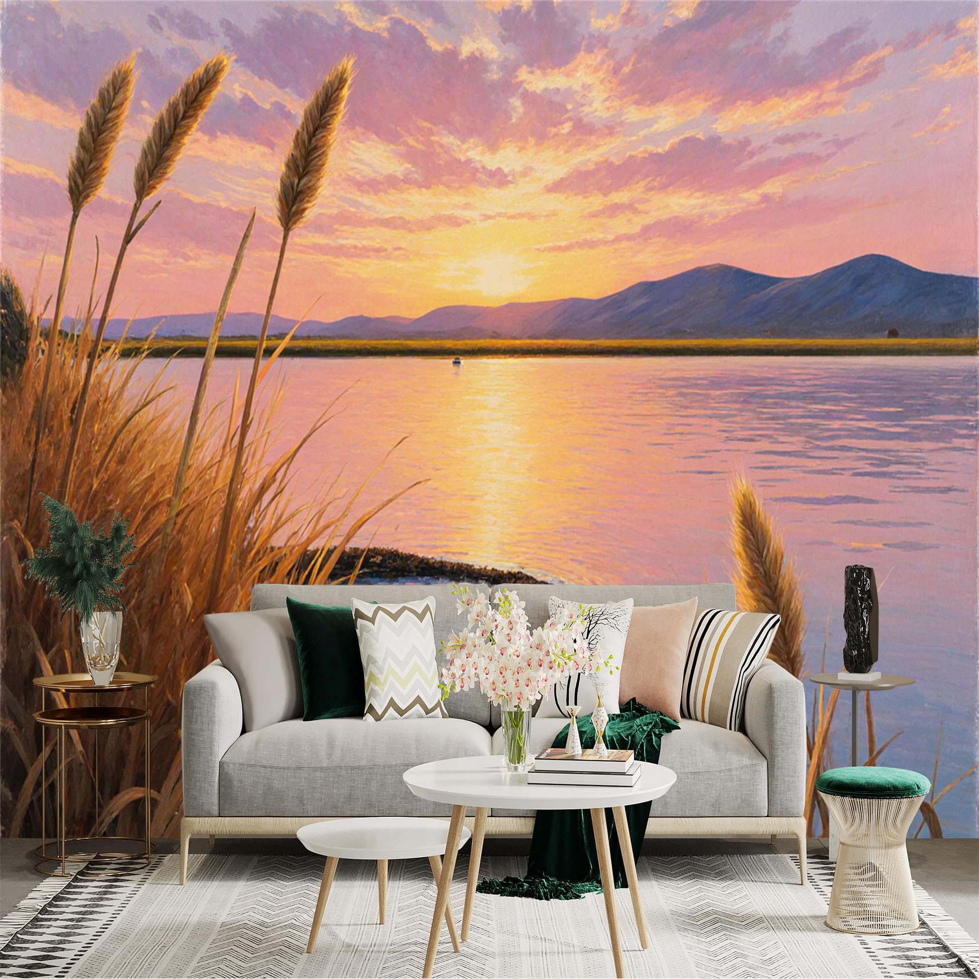 Lnzczhyre Xc260505213 Custom Size Wall Sticker Mural， Golden Sunset Over Serene Lake， Mountain Silhouette， Reeds By The Shore， Coastal Scenery， For Wall Decoration， Peelandstick Wall Decals.