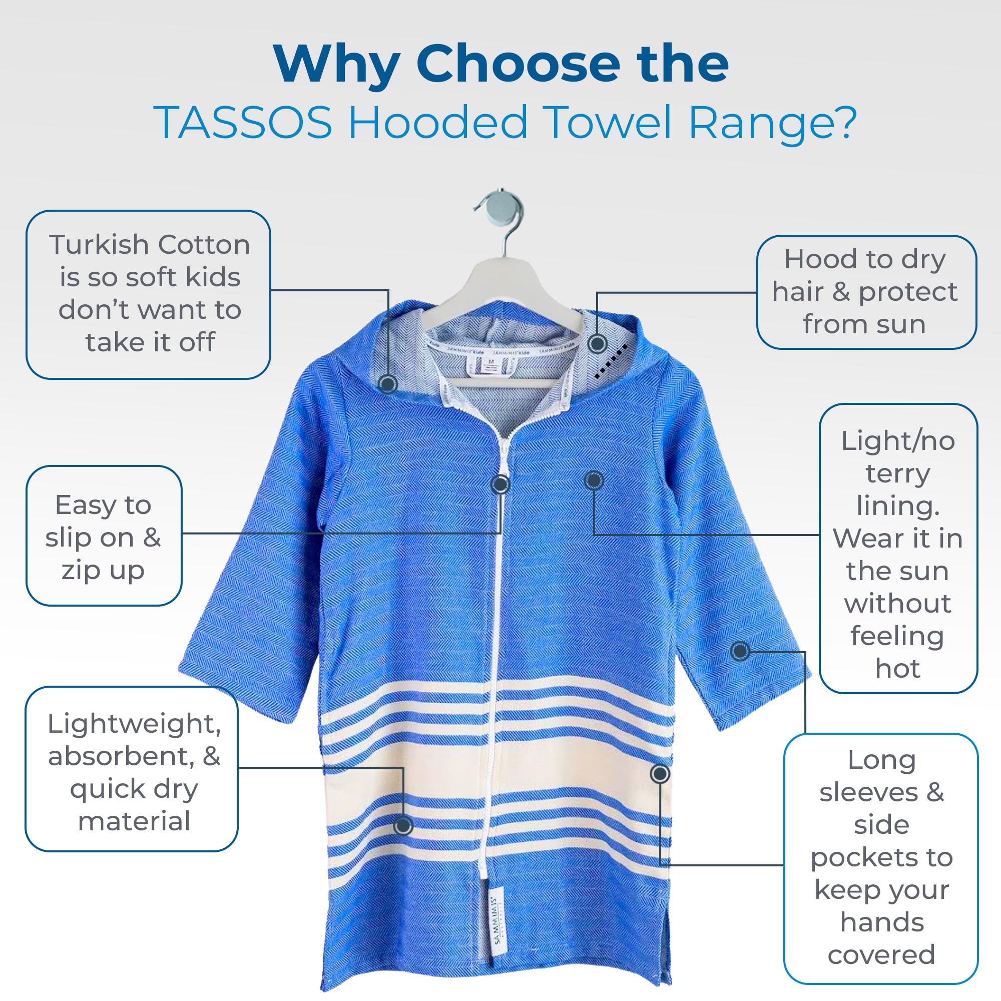SAMMIMIS TASSOS - Toallas de playa con capucha para niños y niñas, poncho con cremallera, algodón turco, talla S (2-5 años)