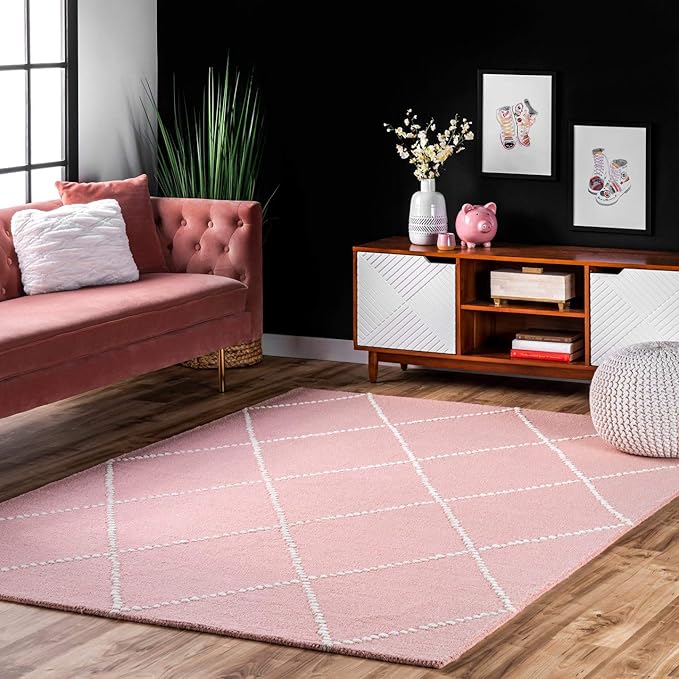nuLOOM Dotted Diamond Trellis Wool Area Rug, 4' Round, Baby Pink