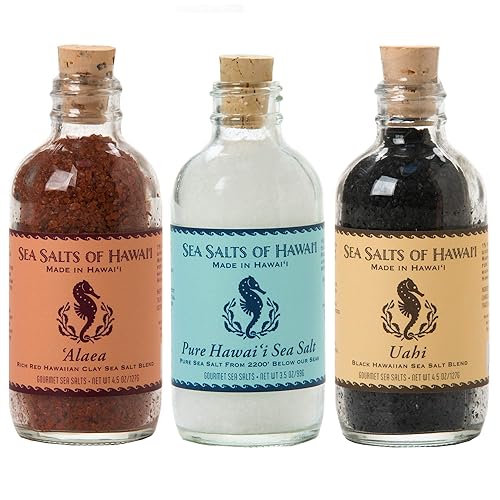 Sales marinas de Hawaii Variedad paquete de 3 Alaea Red Clay Sal Kona Pure Hawaiian Sal Uahi Black Flavored Hawaiian Sea Salt