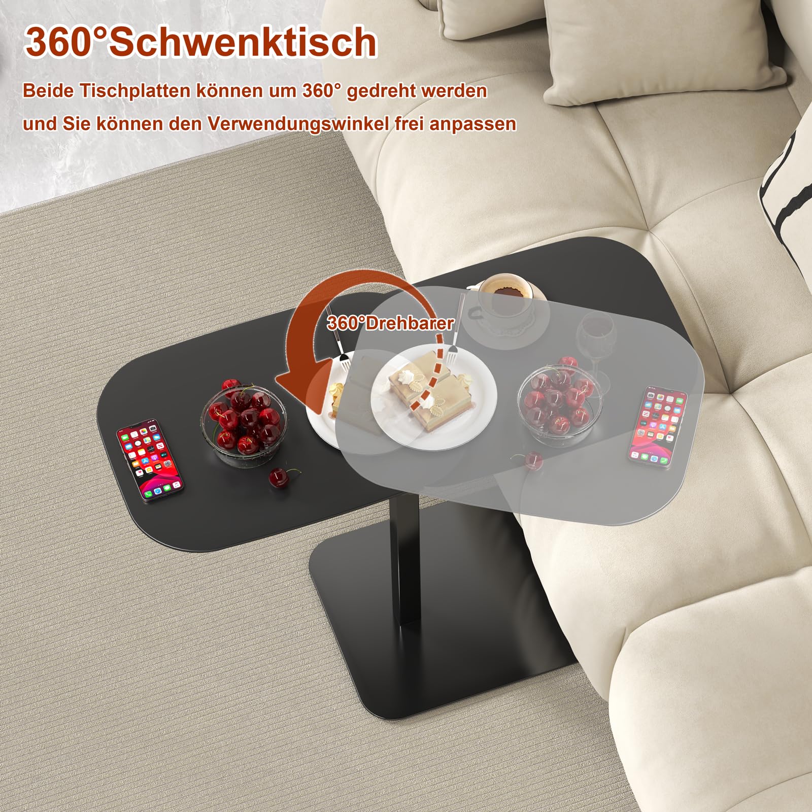 Beistelltisch C Form Höhenverstellbar, Klein Couchtisch Holz Sofatisch, Doppelter Tischplatte Laptop-Stehtisch, 360° Drehbarer C Form Beistelltisch für Couch, Mobiler Kaffeetisch (schwarz)