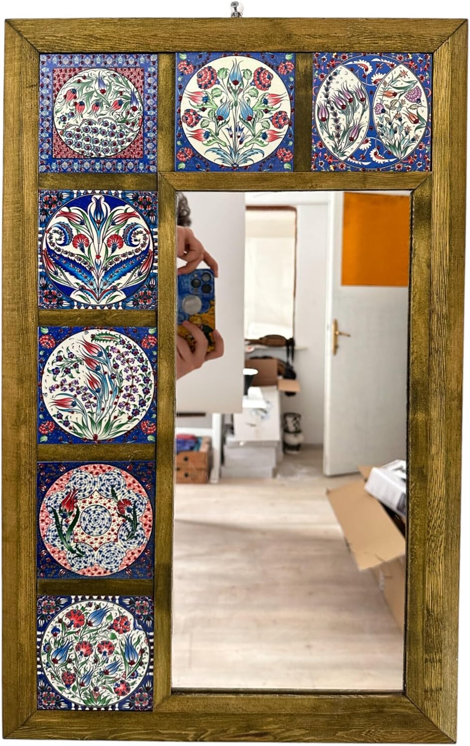 Ethnic Wall Hanging Tiled Wood Mirror, Rustic Console Mirror, Framed Decorative Floral Tile, Floor Mirror, Phosphorescent in the dim light