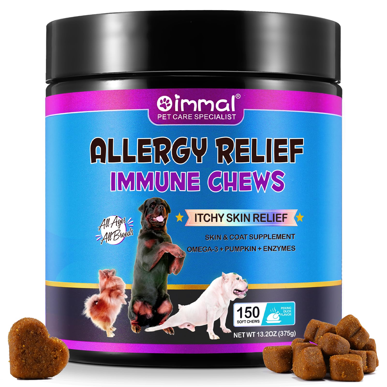 HUALIJIA Dog Allergy Relief Treats(150 Chews), Itch and Immunity Treats for Dogs - Soothe Itchy Skin, Paws, Eyes, Ears - Stop Itching, Licking, Scratching for All Breeds and Sizes, Peking Duck FlavorHUALIJIA Dog Allergy Relief Treats(150 Chews), Itch a…
