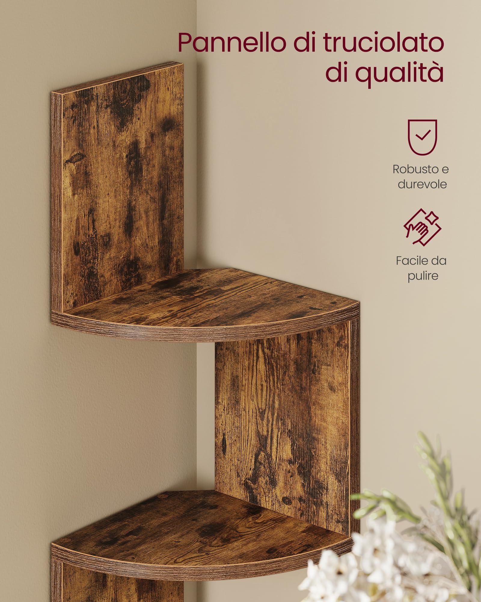 VASAGLE CUSTOS Collezione - Mensola Angolare da Parete con Luci LED RGB, Libreria Galleggiante a 5 Ripiani, per Piante, Bagno, Ufficio, Pulsante e Telecomando, Marrone Vintage LBC630K01