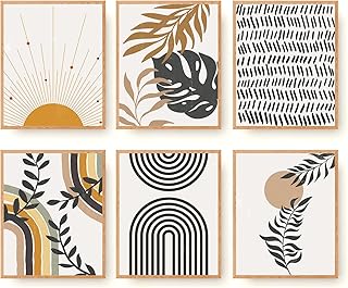 Boho Wall Art Set of 6 Mid Century Modern Abstract Canvas Prints Neutral Artwork Sun Geometric Beige Rainbow Palm Leaf Poster for Boho Bedroom Living Room Bathroom Wall Decor (8"x10" UNFRAMED)
