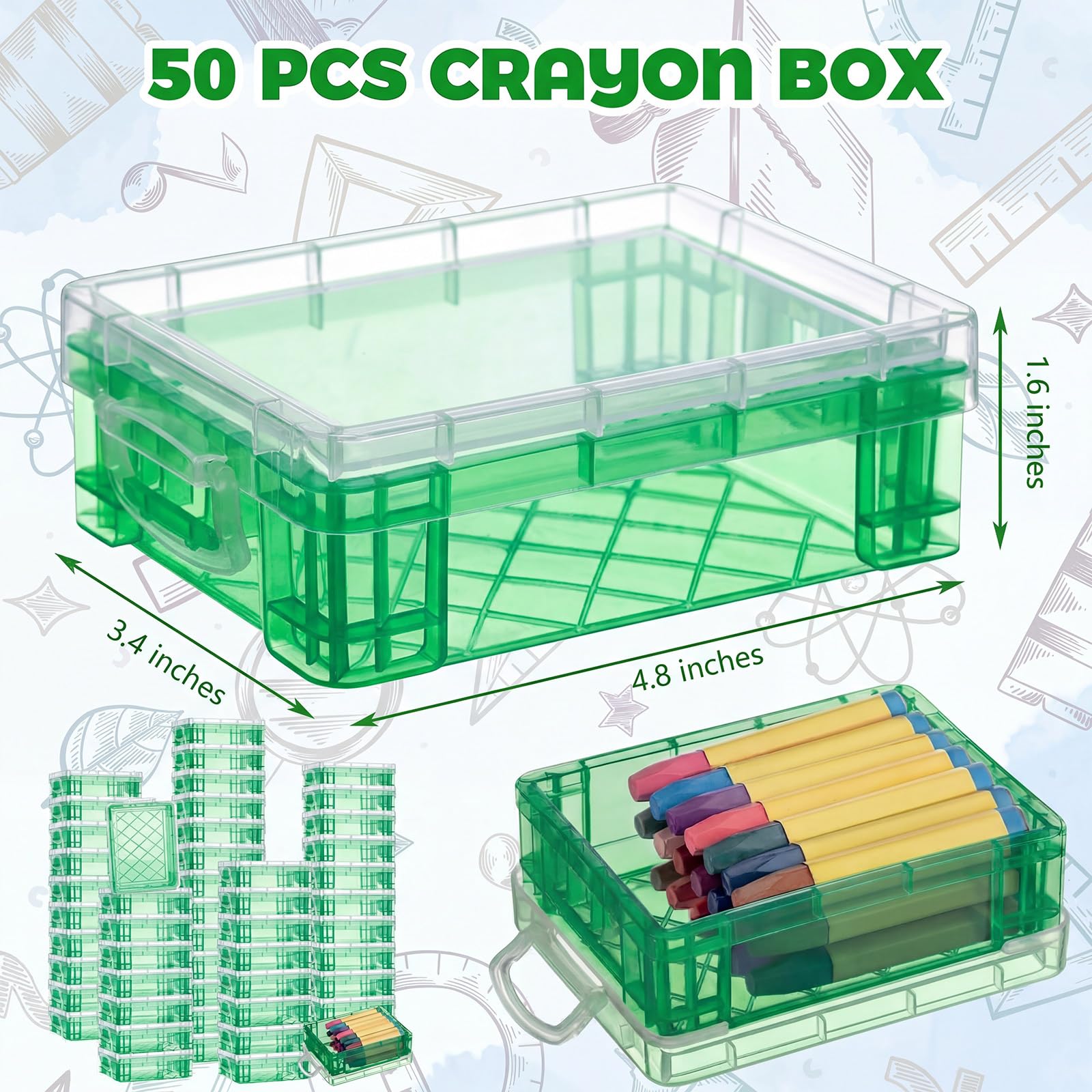 Suzile 50 scatole in plastica per pastelli con coperchio, 12 x 8,6 x 4,1 cm, contenitori per pastelli, per ufficio, scuola, scuola, penne, matite, artigianato artistico (verde)