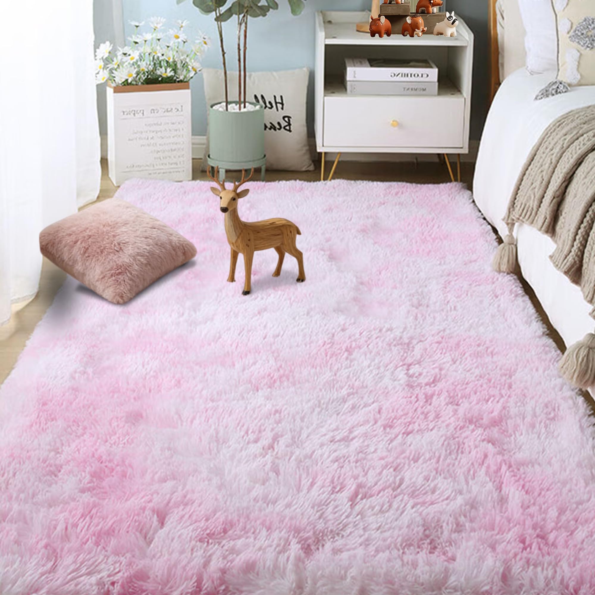 Tapis salon poil long doux grand tapis shaggy rose clair de dortoir