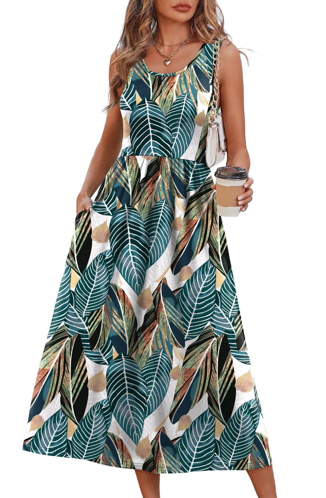 Summer Dresses for Women Flowy Casual Midi Dress Beach Vacation Sundresses with Pockets