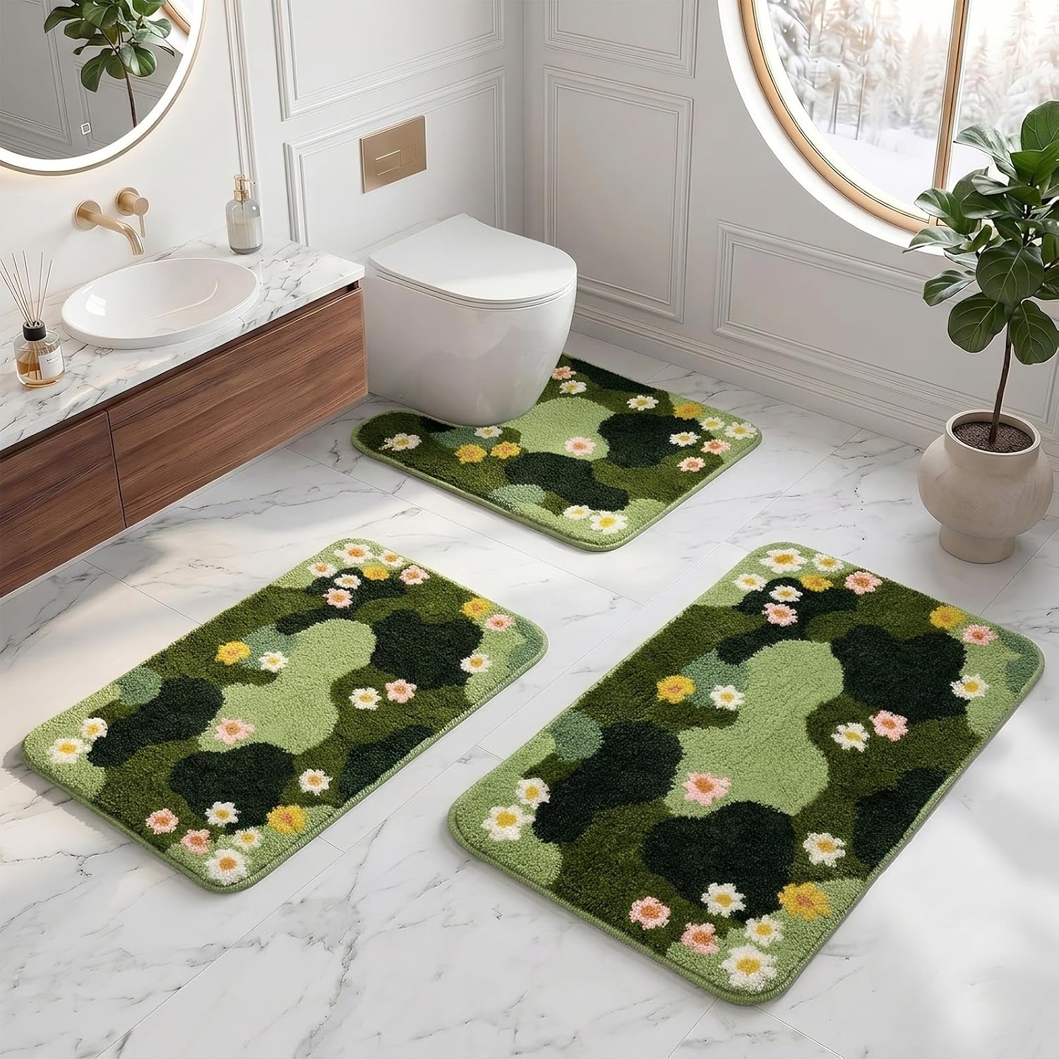 Britimes Bathroom Rug Set of 3, Fluffy Microfiber Non-Slip, Floral Daisy