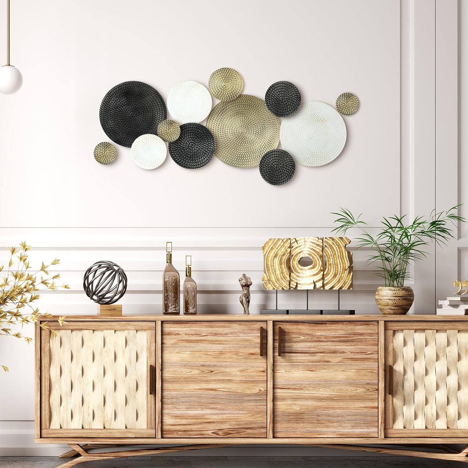 Pickmesh 12 Pcs Black Gold and White Metal Wall Decor 3.9 to 13.8 Inch Large Modern Round Metal Wall Art 3D Circles Textured Hanging Sculpture for Living Room Bedroom Office Decor New Home Gifts