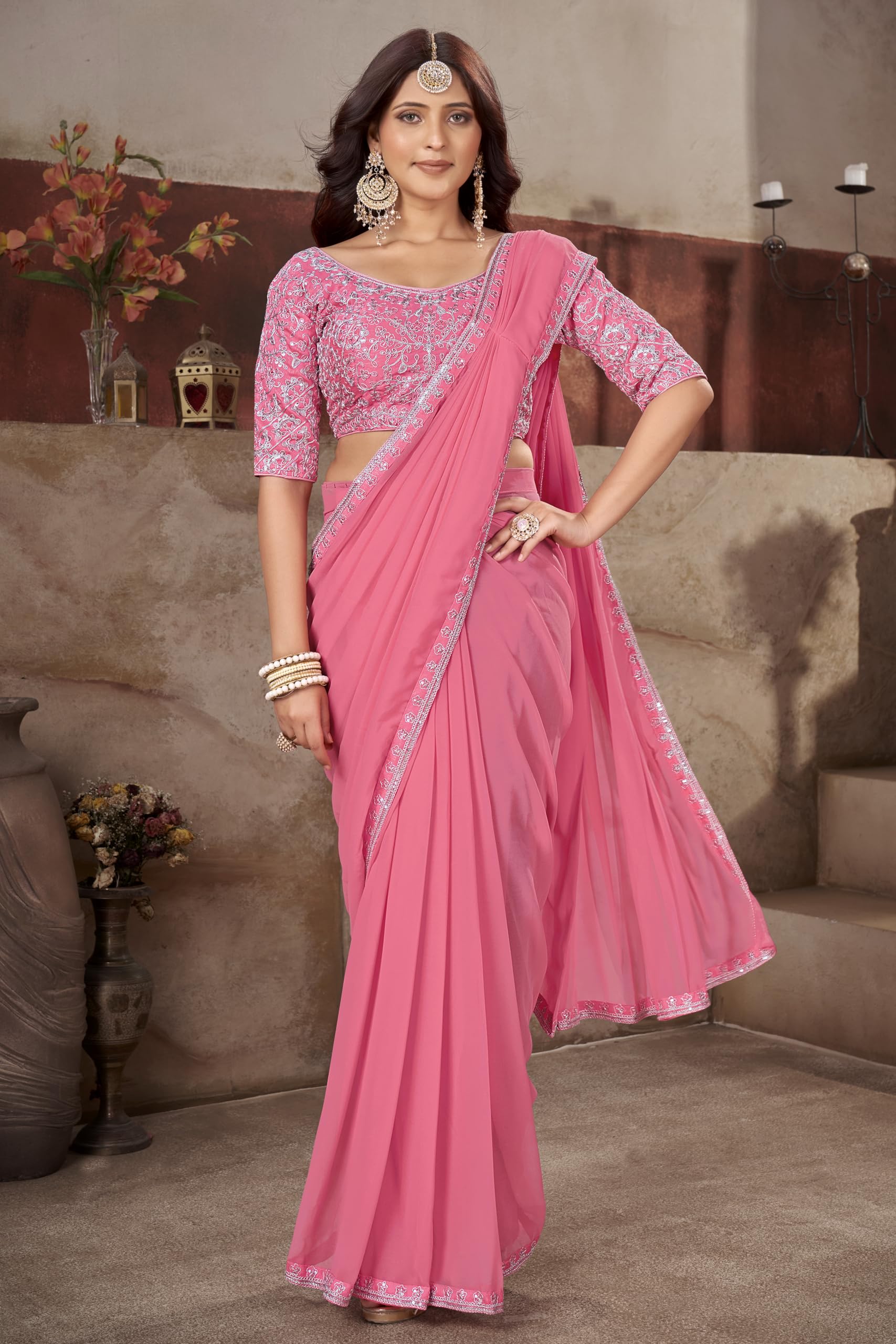 Glory Sarees Women's Georgette Ready To Wear Saree With Silk Blouse Piece (Readymade_Saree106_Pink) 1