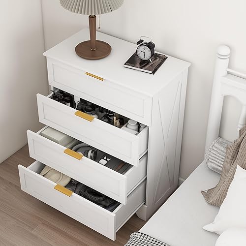 Miniatura 4 de Cómoda blanca de 4 cajones para dormitorio, cómoda alta para dormitorio con cajón grande y asas doradas, organizador de almacenamiento de madera,