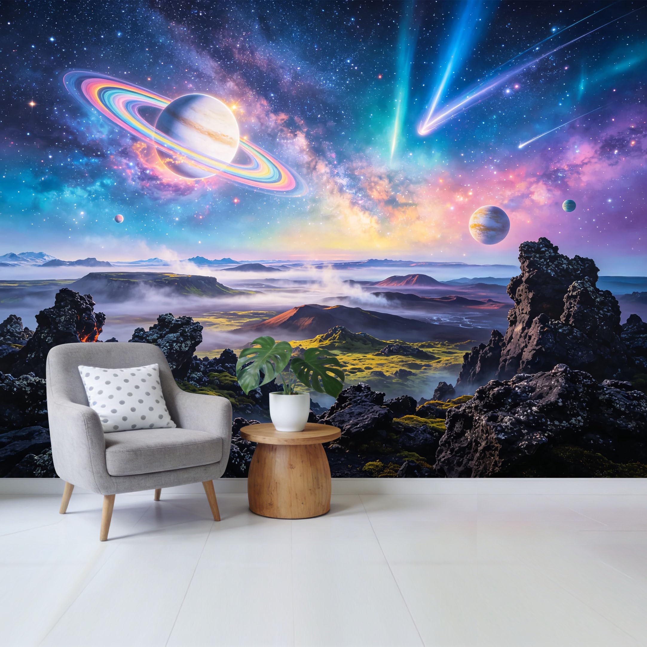 Custom Size Wall Mural Cosmic Galaxy Planet Landscape Aurora Sky Stars Abstract Removable Self Adhesive Fabric Home Wall Decor for Living Room Bedroom Bathroom
