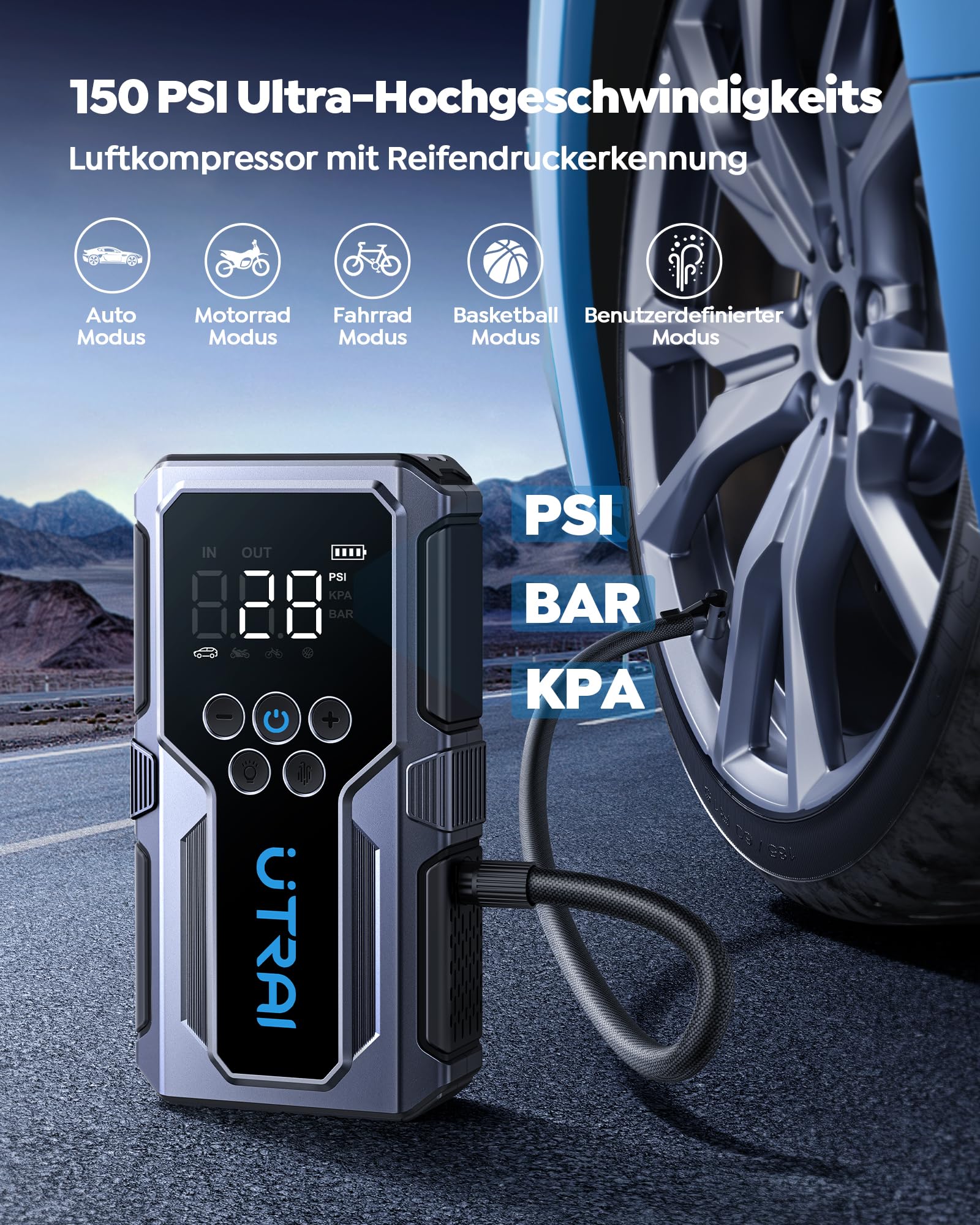 UTRAI Starthilfe Powerbank für Pkw 4500A, 15000mAh Booster Auto Starthilfe mit Kompressor, 18W Schnellladung, Taschenlampe, Zwangsstart, Jump Starter Bis zu 8.5L Benzin, 6.5L Dieselmotor