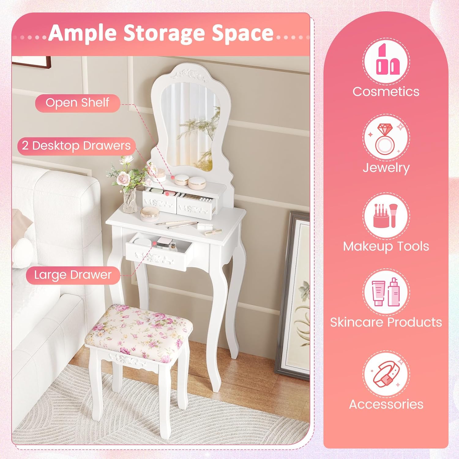 Giantex Small Vanity Desk Set, White Makeup Vanity Table with Mirror, Cushioned Stool, 3 Storage Drawers, 20 inch Girls Dressing Table for Small Space Bedroom