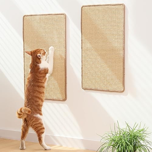 FUKUMARU 2 Packs Cat Scratching Mat, 23.6 x 15.7 Inch Natural Sisal Cat Scratch Pad Mats for Indoor Cats, Horizontal Cats Wall Scratcher Kitten Floor Rug with Sticky Tape, Furniture Protector - Beige-2 Pakcs 23.6 x 15.7 Inch Mat