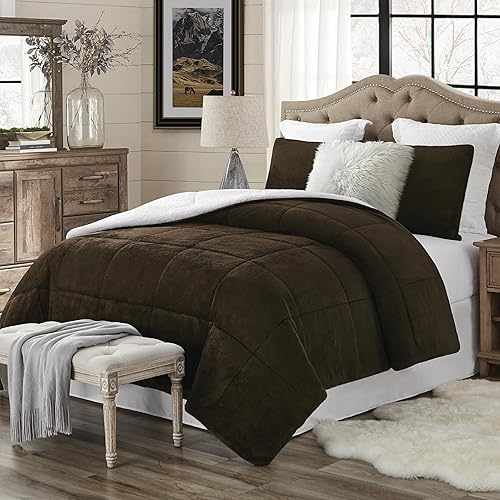 Swift Home Lujoso juego de edredón y funda de almohada de plumón alternativo de 3 piezas extra cálido y esponjoso, de pelo sintético y sherpa,