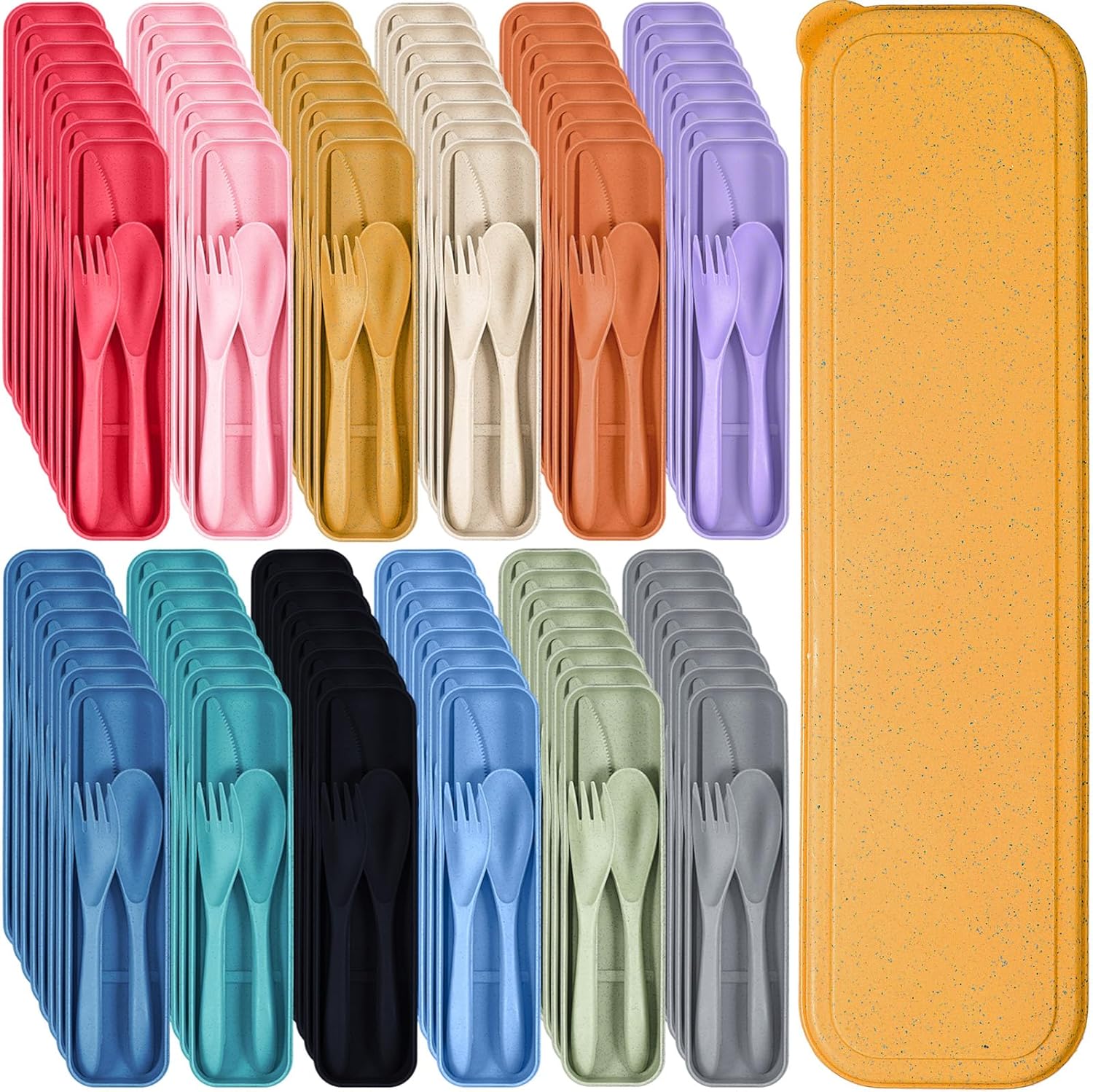 Yahenda 96 Sets Reusable Travel Utensils Set with Case Wheat Straw Cutlery Portable Spoon Knife Fork Tableware Lunch Box Bulk for Adults Travel Picnic Camping Utensils Gifts (Multi-colorful Colors)