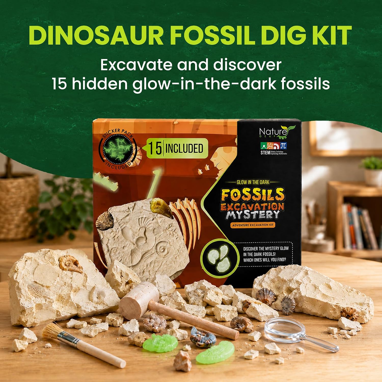 Nature Gear Dino Fossil Dig Kit for Kids, Educational Excavation Kit with 15 Glow in The Dark Mystery Fossils, Interactive Dinosaur Science Kits for Kids Age 3-5 and Up, Excavation Adventure Kit image 2