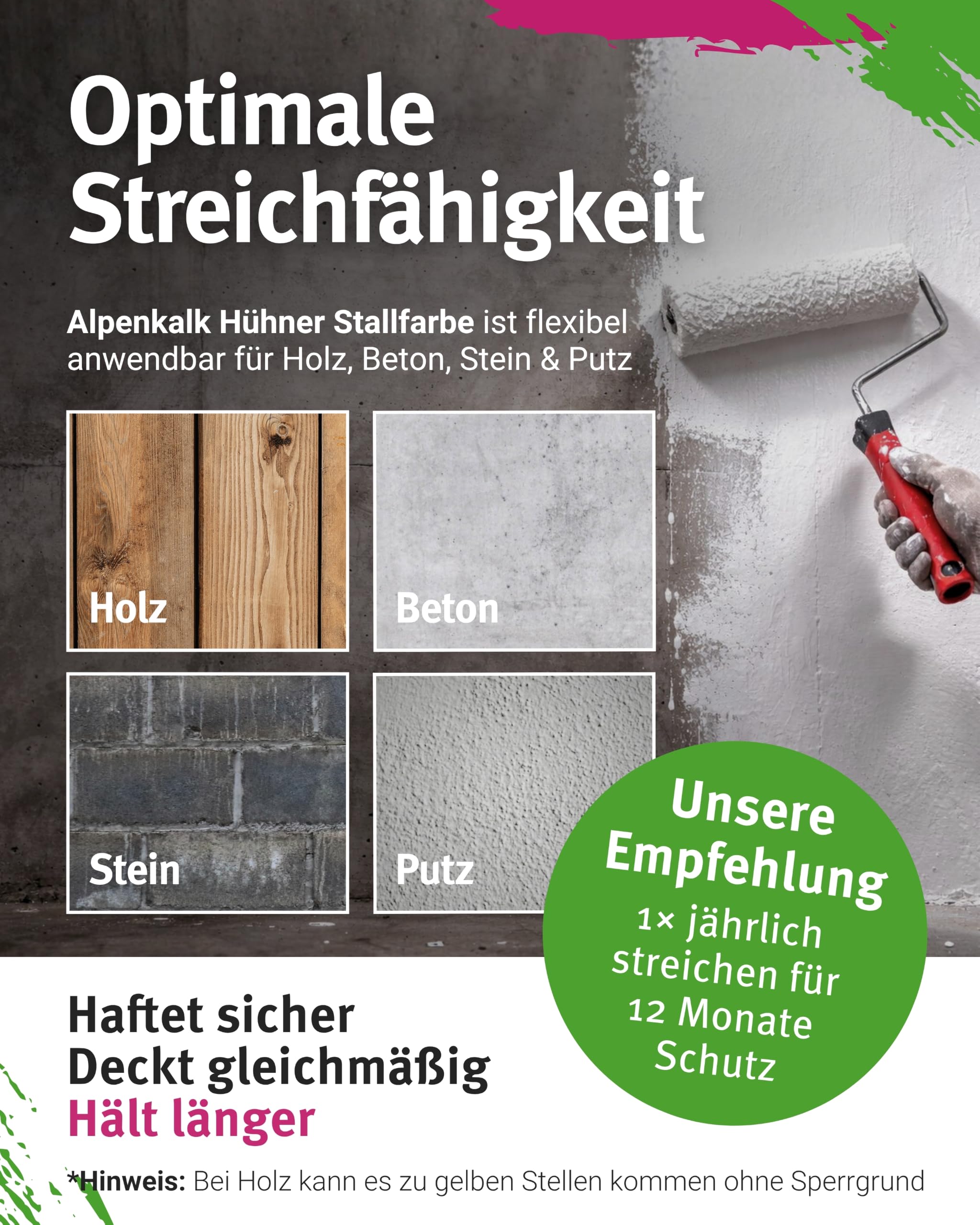 Kalkfarbe Hühnerstall I 5 kg für ca. 30 m² I Antibakterielle Stallfarbe gegen Milben & Schimmel I 100% natürlich & chemiefrei I Atmungsaktiv für ein gesundes Stallklima