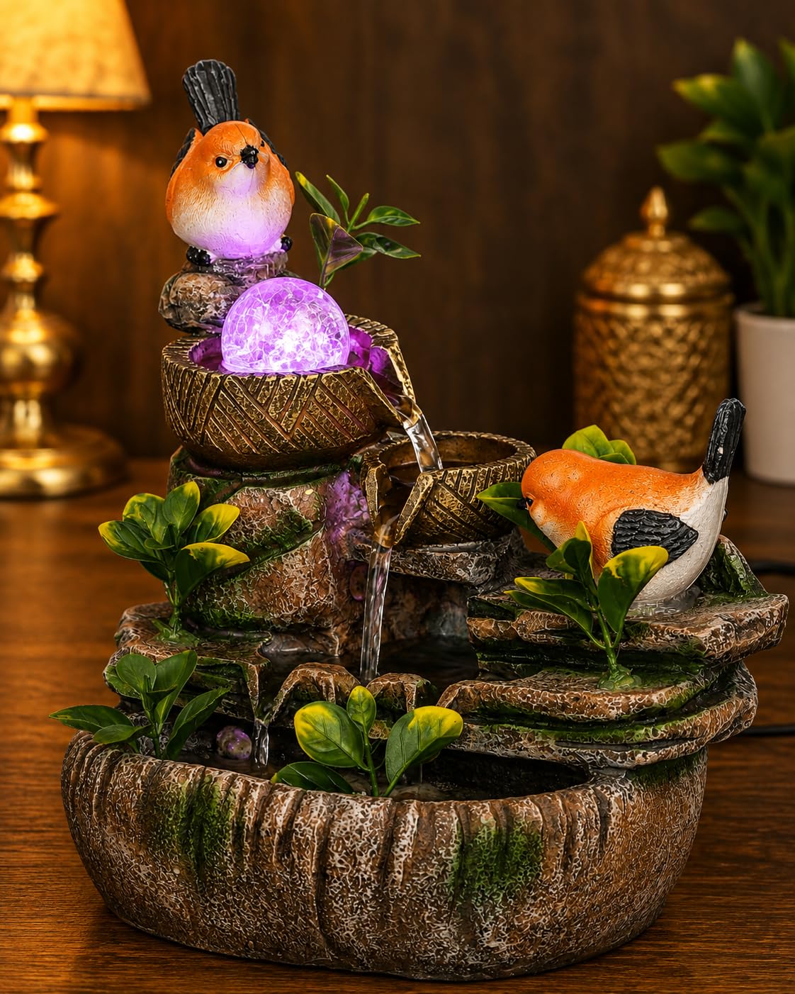 CHRONIKLE Polyresin Orange Birds Tabletop 3 Steps Indoor Water Fountain for Home Decor with Multicolor LED, Speed Controller Pump & Crystal Ball (Size: 26 x 17 x 31 CM |Color: Multi|Weight: 1770 Gram)-image-22