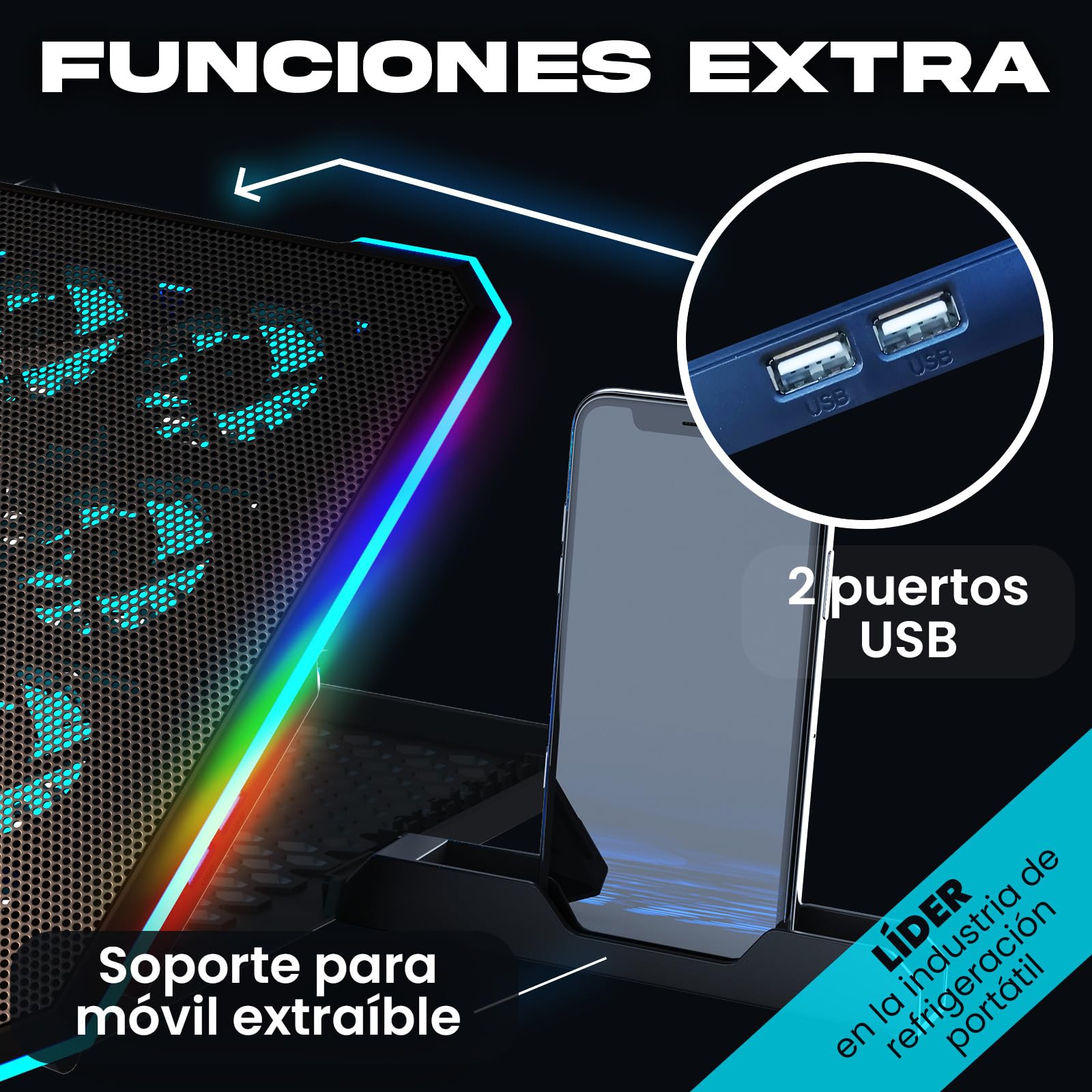 KLIM V14 Base Refrigeradora para Portátil Gaming con 14 Ventiladores + Nuevo + Soporte RGB Estable para Portátil con Ventilador + Compatible hasta 17" + 2 Puertos USB + Soporte para Teléfono