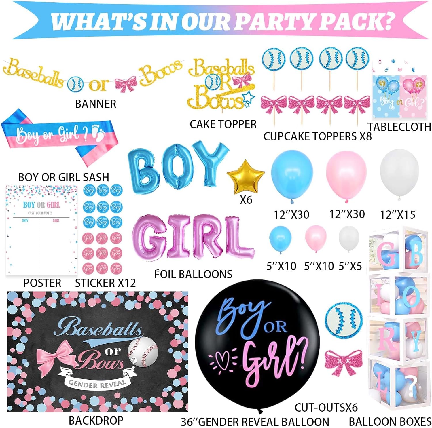 Baseball or Bows Gender Reveal Decorations, 171 PCs Boy or Girl Gender Reveal Decorations Backdrop Balloon Garland Banner Tablecloth Cake Cupcake Topper Box Cutout Poster Sash Pink Blue