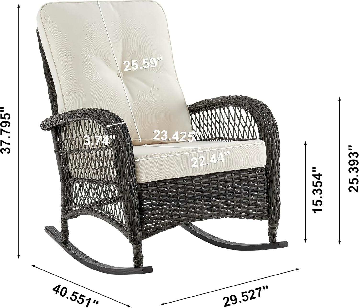 Manhattan Comfort Fruttuo Outdoor Rocking Chair with Removable Waterproof Cushions, Made of Steel Rattan, Weather-Resistant Patio Rocker with Curved Edge and Sturdy Steel Frame, Cream