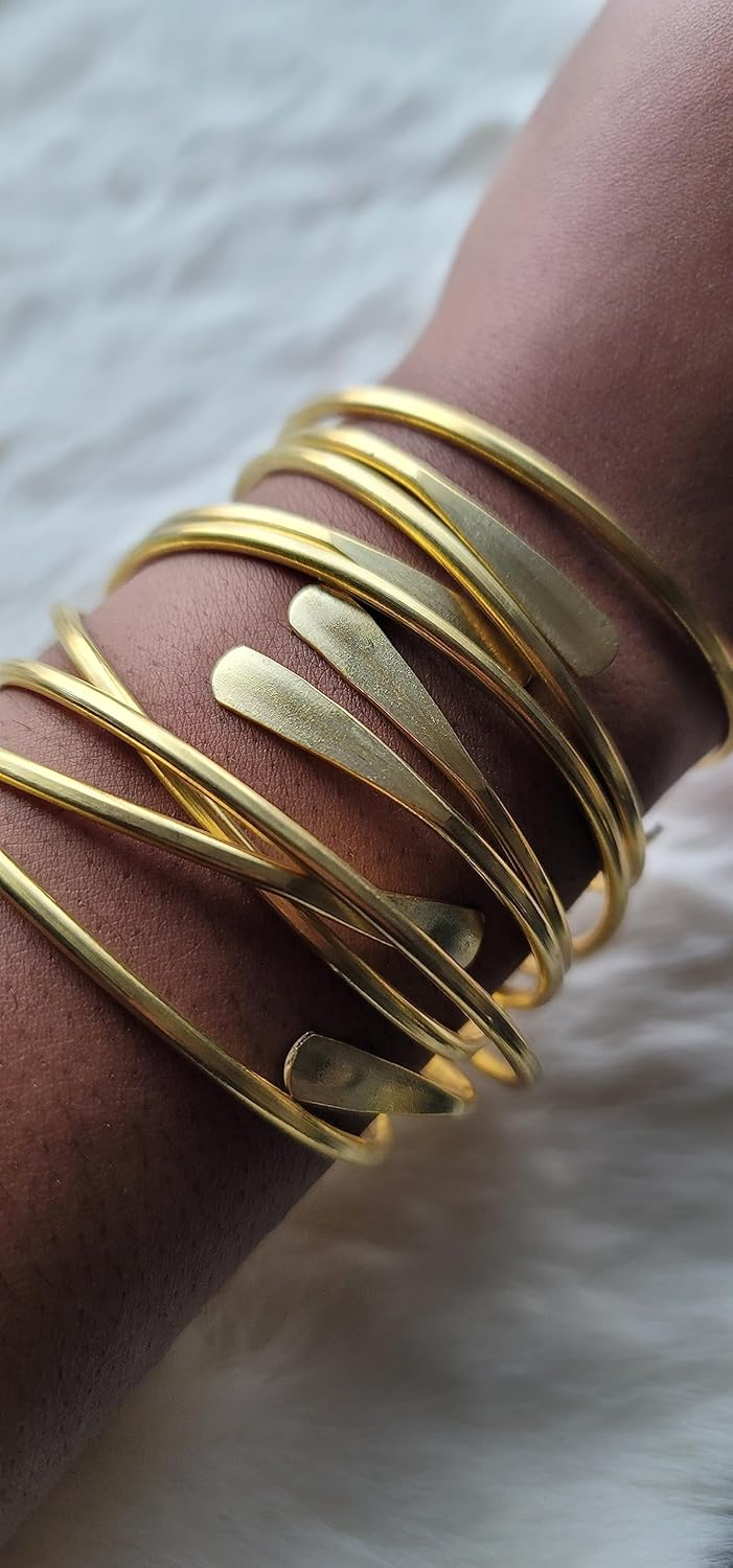 Beaditwearitloveit Brass Cuff Bracelets Set, African Brass Bangles For Women, Hammered Ends Stacking Bracelets, Boho Tribal Cultural Jewelry
