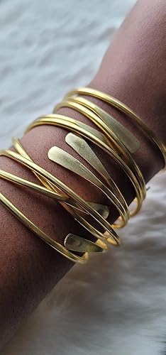 Miniatura 11 de Beaditwearitloveit Brass Cuff Bracelets Set, African Brass Bangles For Women, Hammered Ends Stacking Bracelets, Boho Tribal Cultural Jewelry