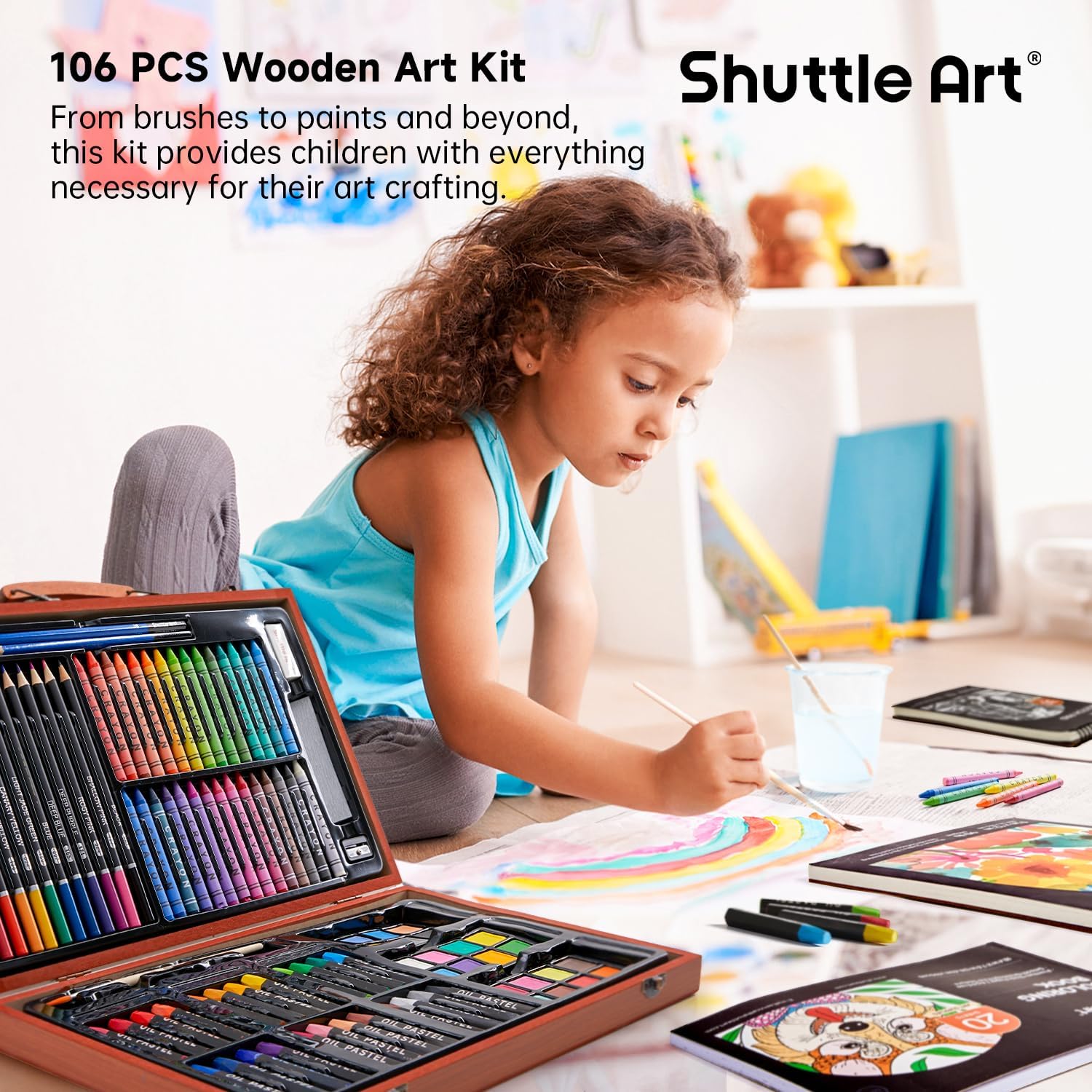 Shuttle Art 106 Piece Deluxe Art Set, Art Supplies in Wooden Case, Painting Drawing Art Kit with Crayons Colored Pencils Oil Pastels Watercolor Cakes Coloring Book Sketch Pad for Kids Adults