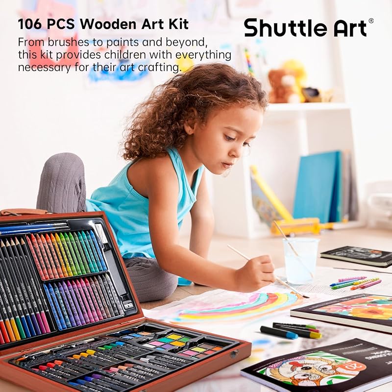 Set de artă deluxe Shuttle Art cu 106 piese, în cutie de lemn, cu creioane, pasteluri uleioase, acuarele și caiet de desen, pentru copii și adulți